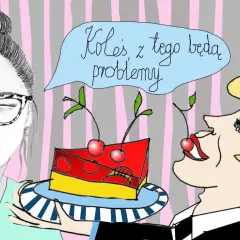 Kobieta z okularami i ciastko z wiśniami. Mężczyzna mówi: "Koleś, z tego będą problemy", bo ma wolny metabolizm.