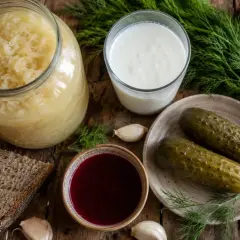 Słoik kiszonej kapusty, szklanka kefiru, ogórki, chleb i koper – składniki zdrowego, naturalnego probiotyku.