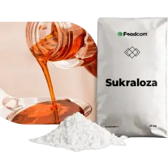 Płynna i proszkowa sukraloza obok worka z napisem "Sukraloza". Czy sukraloza jest zdrowa?