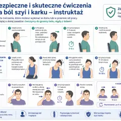 Instruktaż ćwiczeń na ból szyi i karku. Zawiera 3 rodzaje ćwiczeń: retrakcja szyi, rozluźnianie mięśni i ćwiczenia izometryczne.