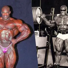 Ronnie Coleman w szczytowej formie, prezentujący swoją niesamowitą muskulaturę. Jego **rekordy** w kulturystyce są legendarne.