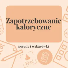 Jak obliczyć zapotrzebowanie kaloryczne? Grafika z ikonami jedzenia, miarki, listy zadań i płomienia.