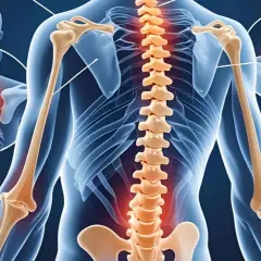 Anatomia człowieka z podświetlonym kręgosłupem, wskazującym na zwyrodnienie kręgosłupa. Widoczne zbliżenia na odcinek szyjny i lędźwiowy.