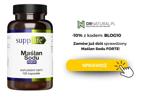 Butelka suplementu diety Maślan Sodu FORTE od SuppLife. Zamów już dziś i skorzystaj z promocji!