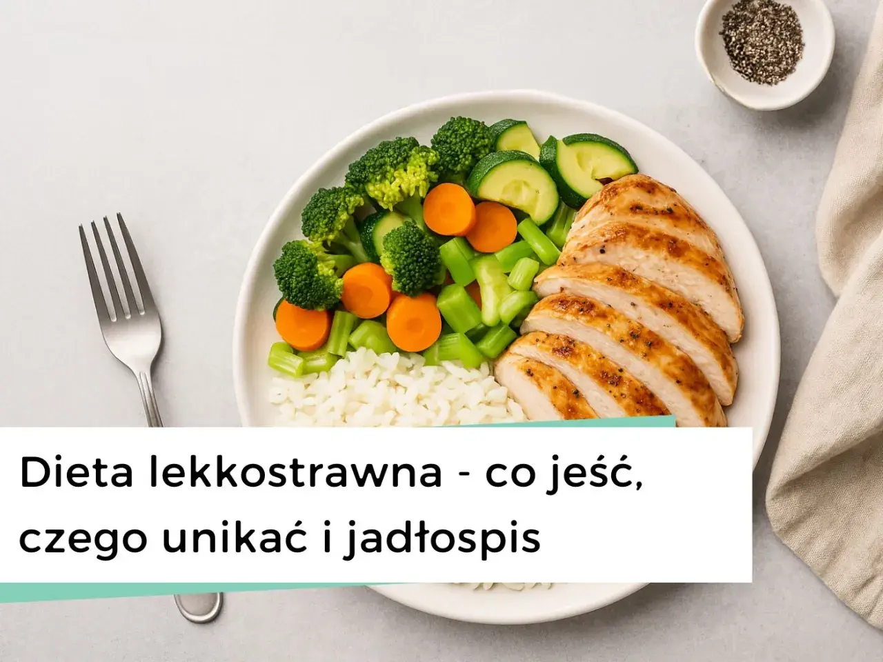 Talerz z kurczakiem, ryżem i warzywami. Idealny posiłek dla osób szukających informacji o diecie lekkostrawnej.