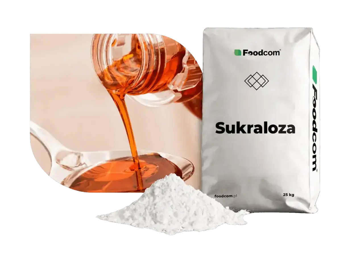 Płynna i proszkowa sukraloza obok worka z napisem "Sukraloza". Czy sukraloza jest zdrowa?