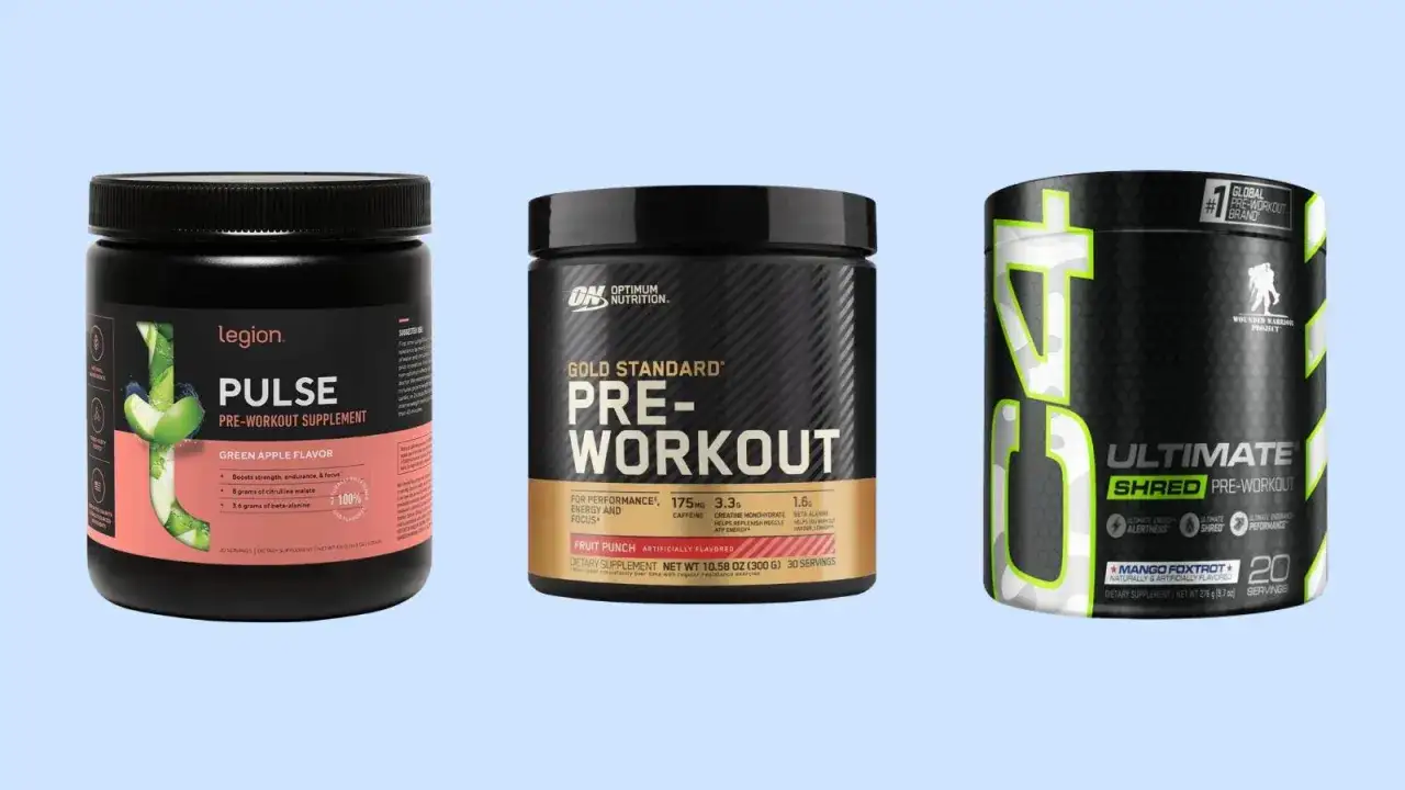 Trzy puszki suplement&oacute;w co brać przed treningiem: Legion Pulse, Optimum Nutrition Gold Standard i Ultimate Shred.